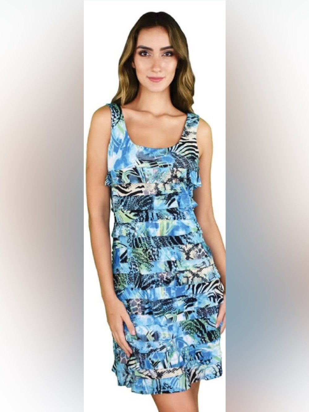 Tango Mango Sleeveless Blue Multi-Print Ruffle Dress